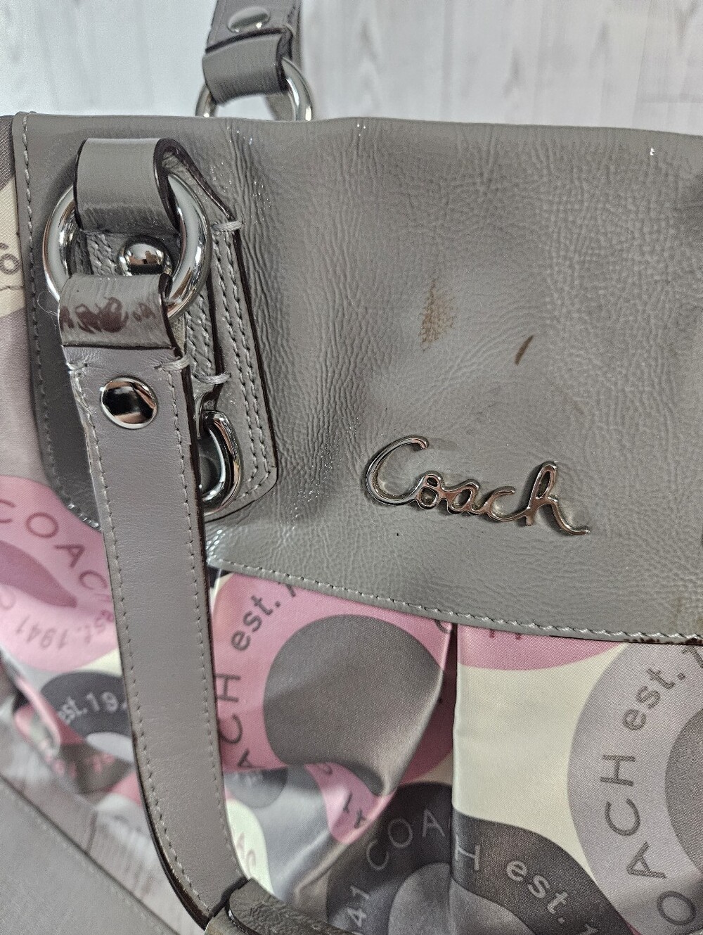 Coach Ashley Snap Satchel Handbag C1173 F5504 Large Tote Pink Gray Logo Satin - Picture 10 of 13